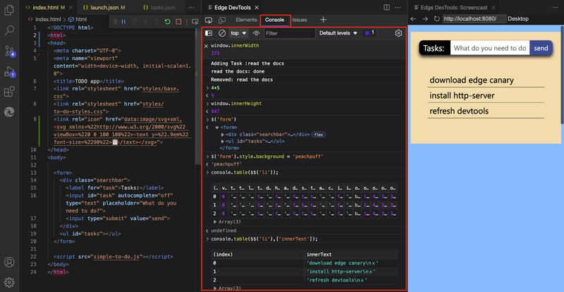 The browser console inside VS Code