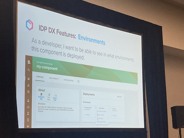 Slide title: IDP DX Features: Environments. DX stands for Developer Experience. Mid line: 