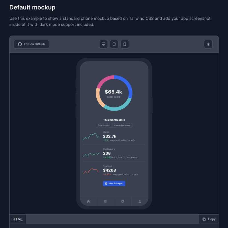 Tailwind CSS Phone mockup in dark mode