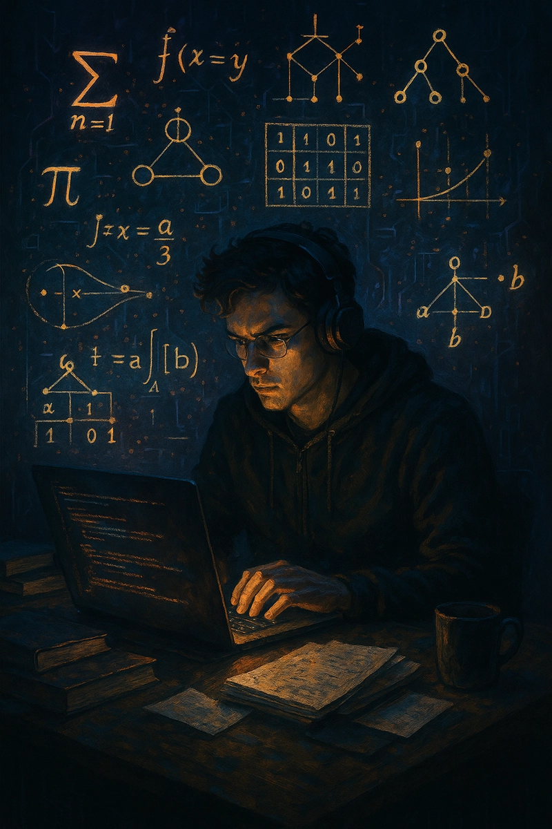 A focused developer surrounded by mathematical symbols, writing code on a glowing laptop in a dimly lit workspace — high contrast digital painting style.