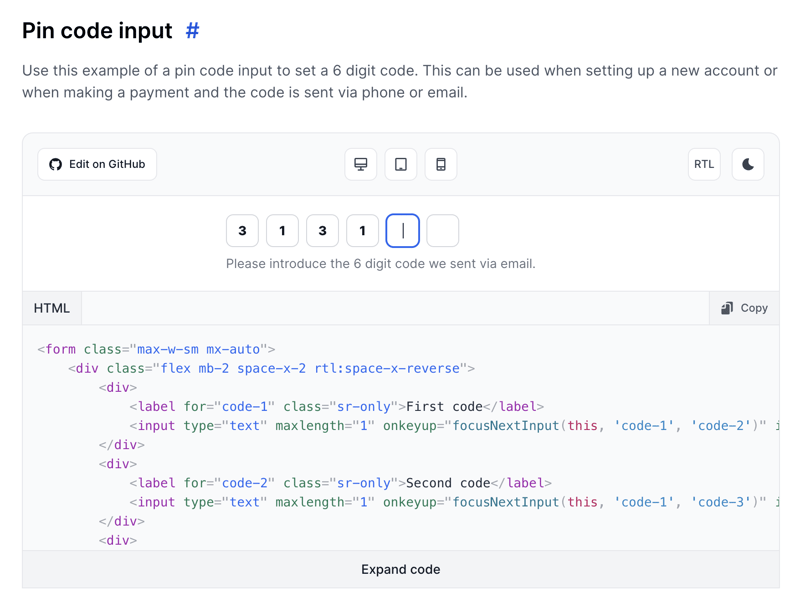 Tailwind CSS Pin Code Input - Flowbite