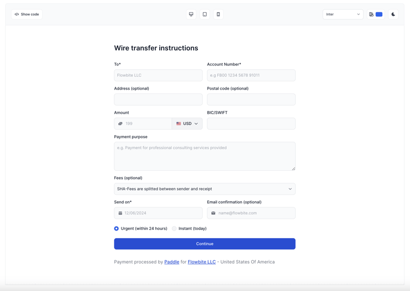 Tailwind CSS payment form with wire transfers