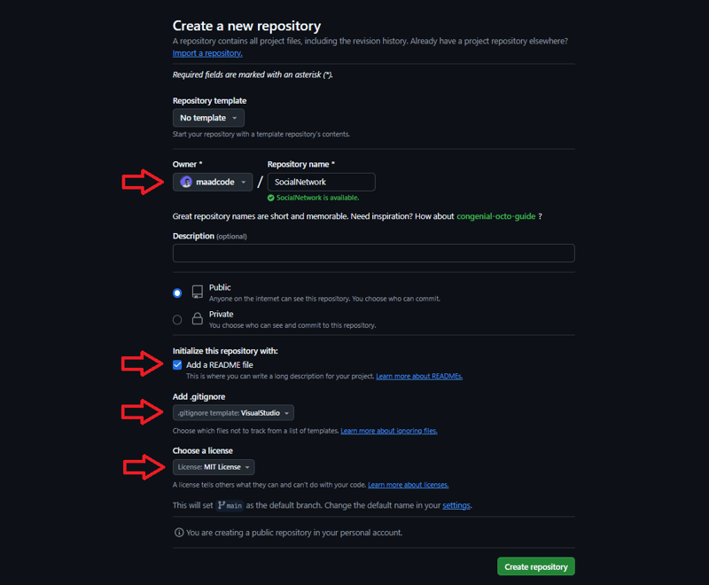 Captura de la configuración de gitignore, README y licencia del repositorio en Github