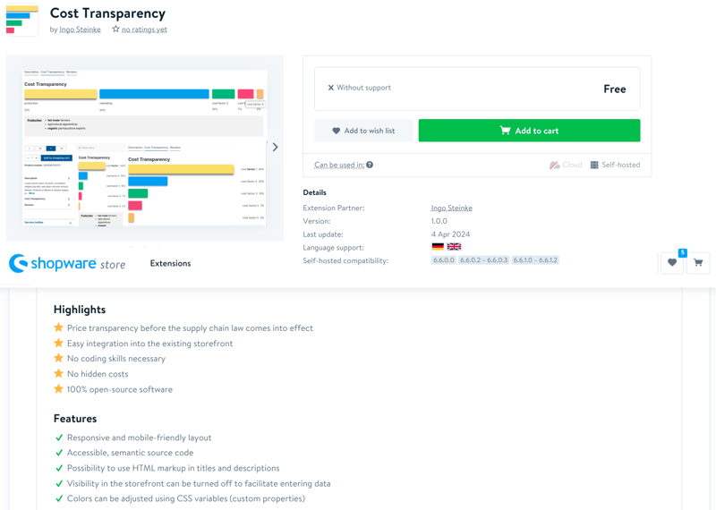 Extension page with technical details and screenshot collage: responsive bar charts with or without off-canvas display