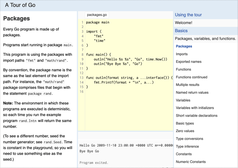 Screenshot of the Go Tour showing code and navigation
