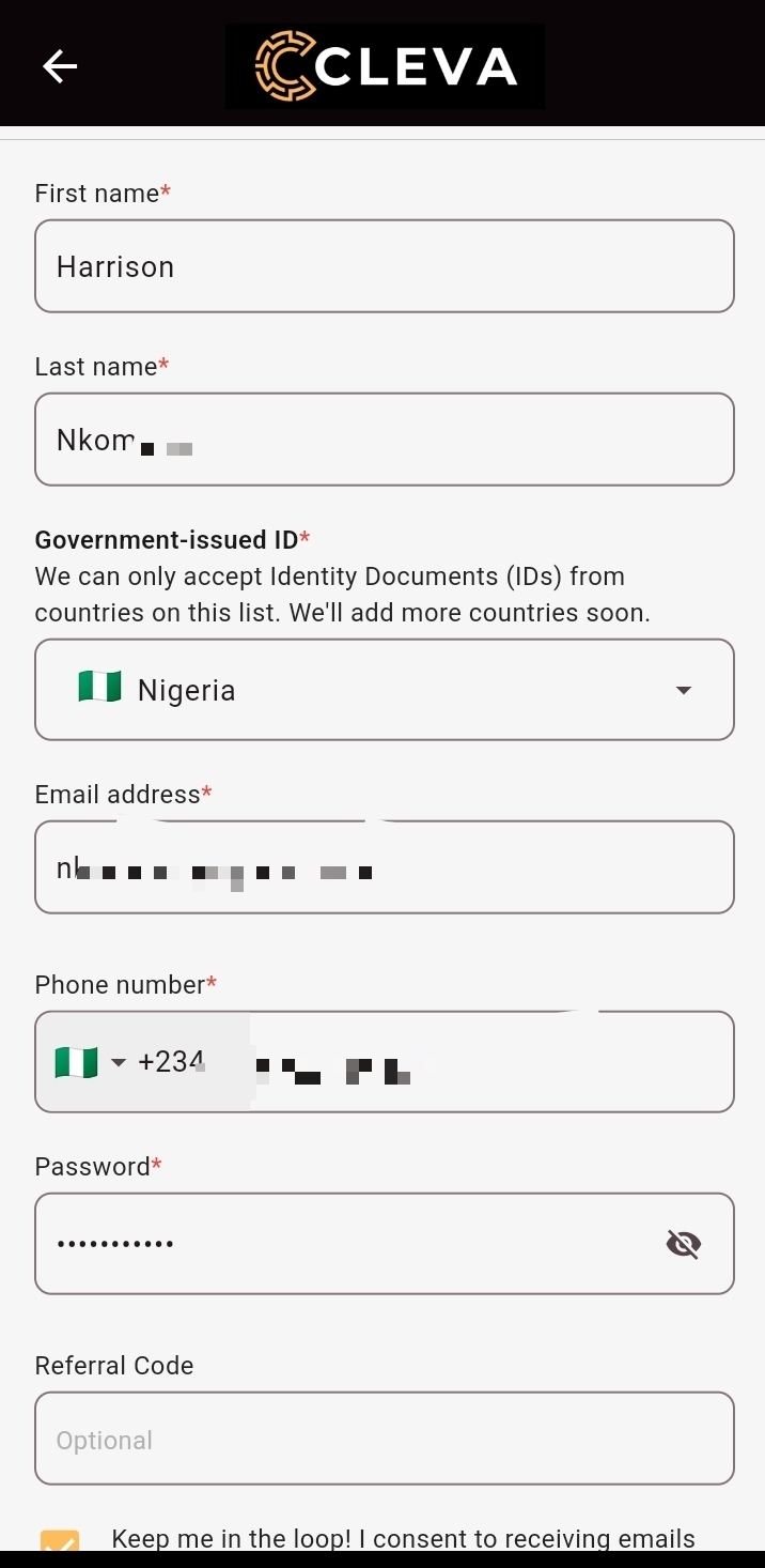 inputting personal details