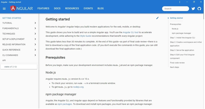 Angular's Documentation Page Desktop View