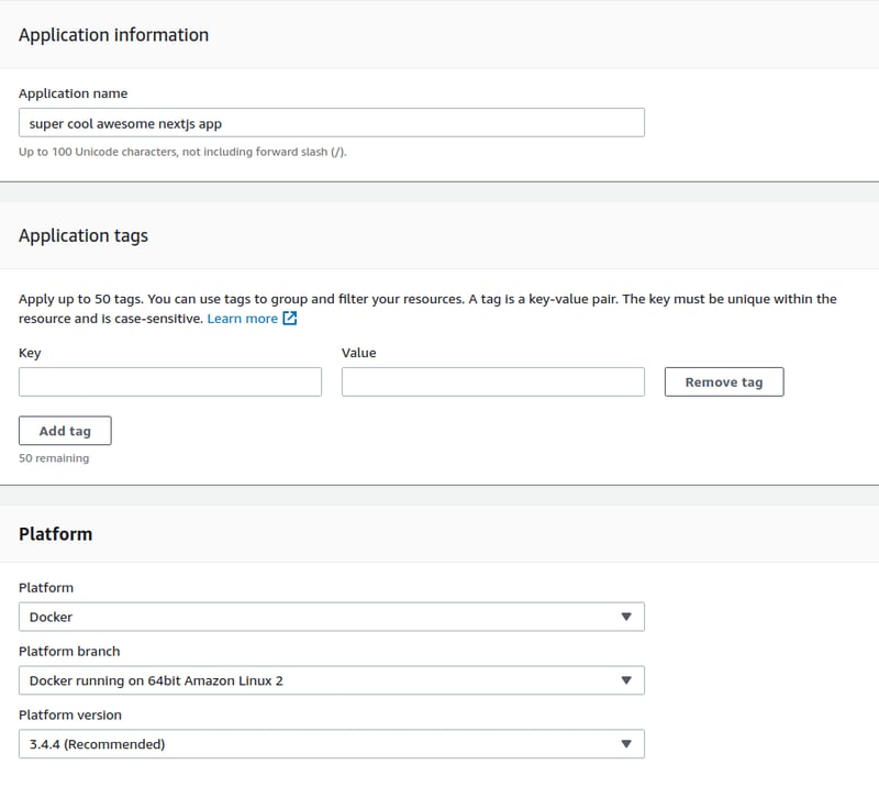 application name and platform section configuration