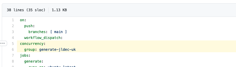 Screenshot of yaml for GitHub Action with concurrency group