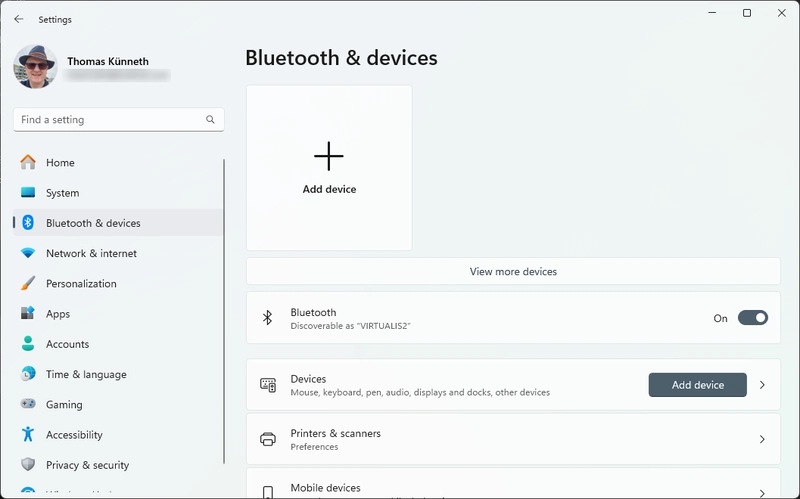 Section Bluetooth & devices in Windows settings
