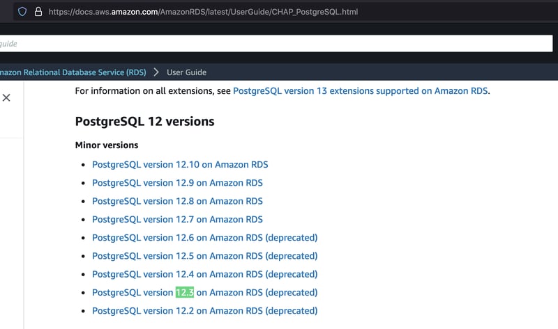 Depreciated versions of postgres database