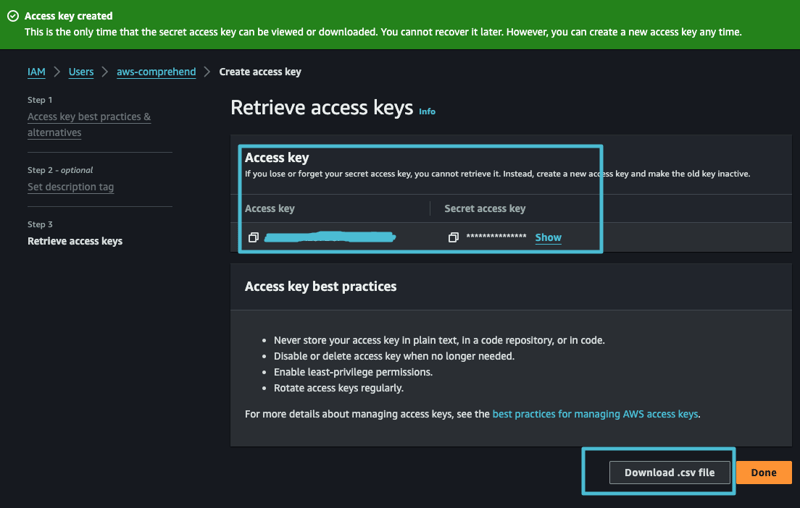 Created credentials for access key