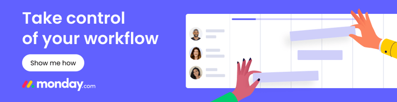 Interactive banner for monday.com showcasing hands organizing workflow tasks on a digital interface with a call-to-action button ‘Show me how’.