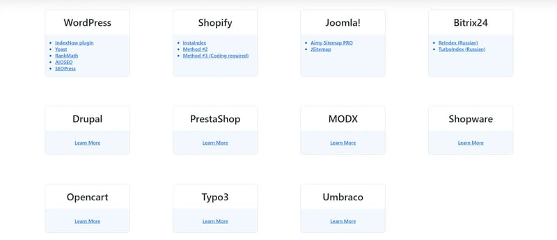 The various solutions available for implementing IndexNow on your website, such as WordPress, Cloudflare, Shopify, etc.