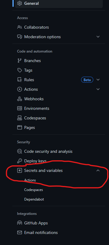 GitHub repo secrets and variables menu