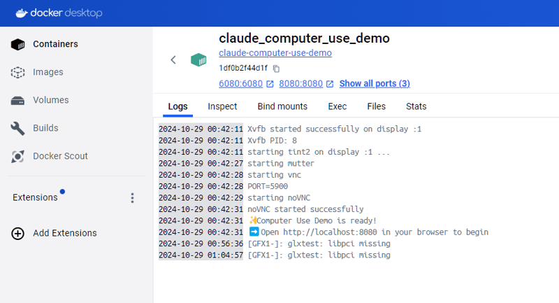 docker desktop claude ai logs