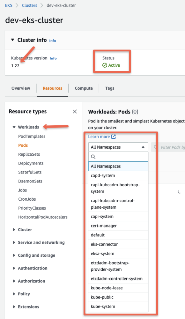 Listing EKS anywhere cluster resources on EKS console.