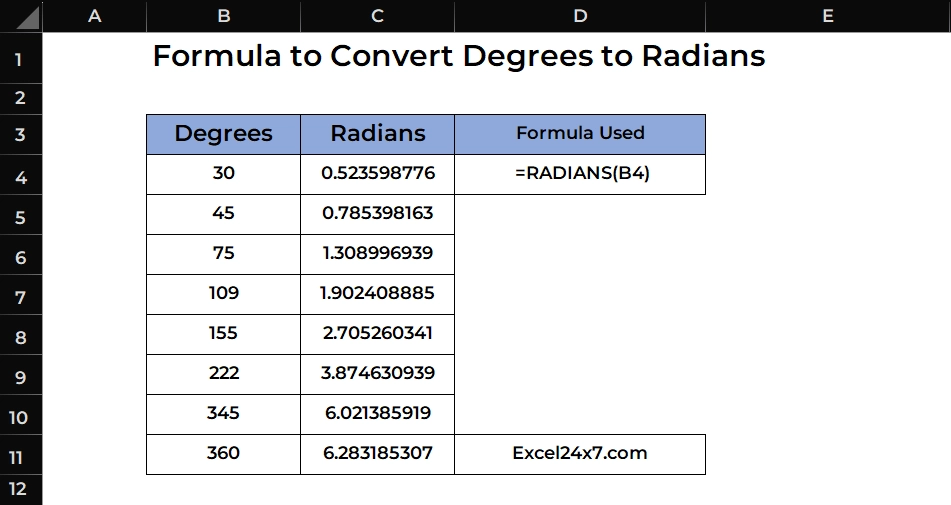 How Can You Convert an Angle Between Degrees and Radians in Excel?