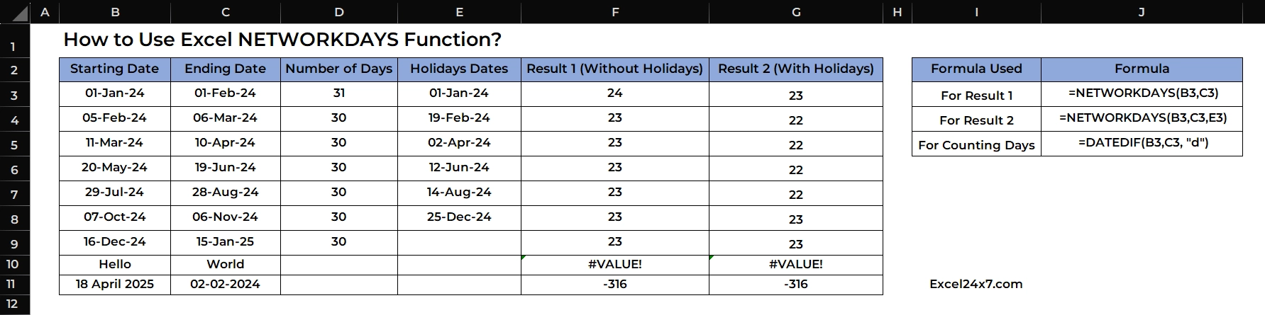 Example of using NETWORKDAYS Function