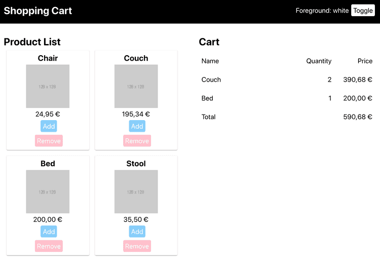 A screenshot of the shopping cart