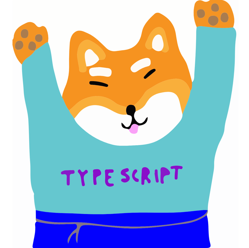 drawing of shiba raising hands in celebration wearing a shirt that says typescript