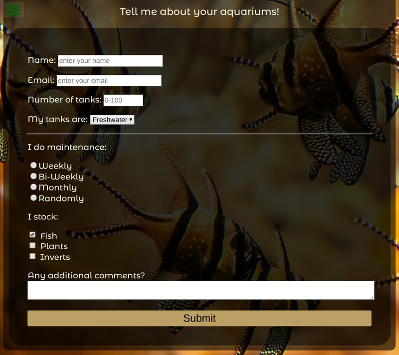 Screenshot of aquarium survey page