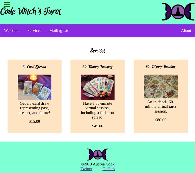 Screenshot of tarot product landing page