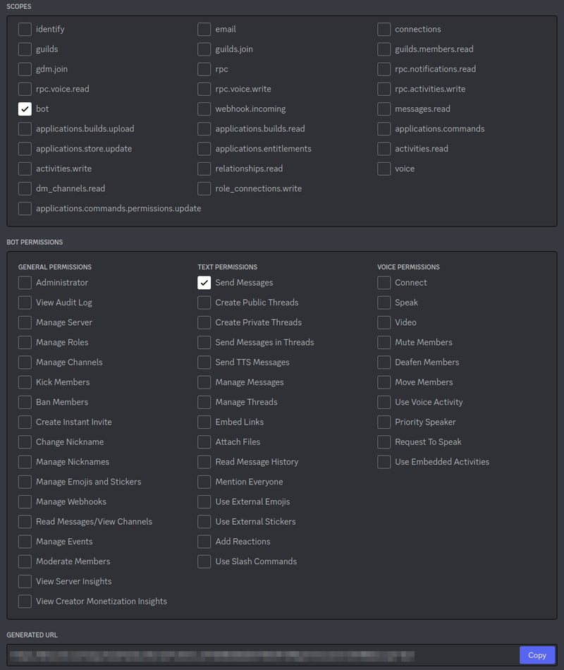 Discord Developer Portal OAuth2 URL Generator Selected bot and send message