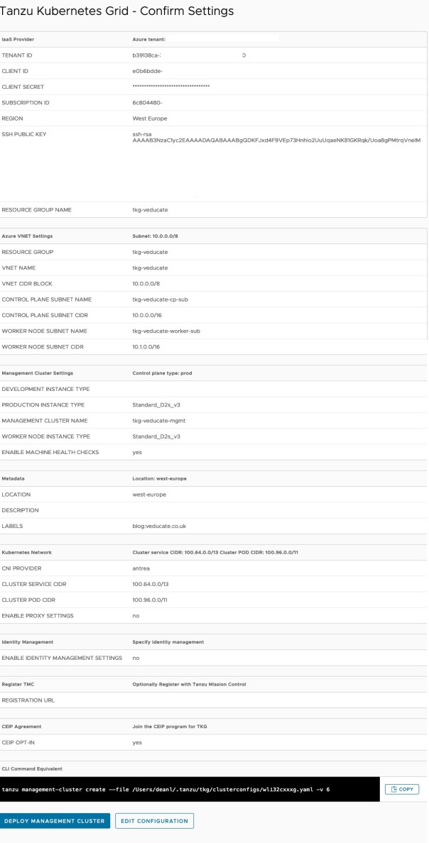 Deploy Management cluster to Azure - Tanzu Kubernetes Grid - Confirm Settings