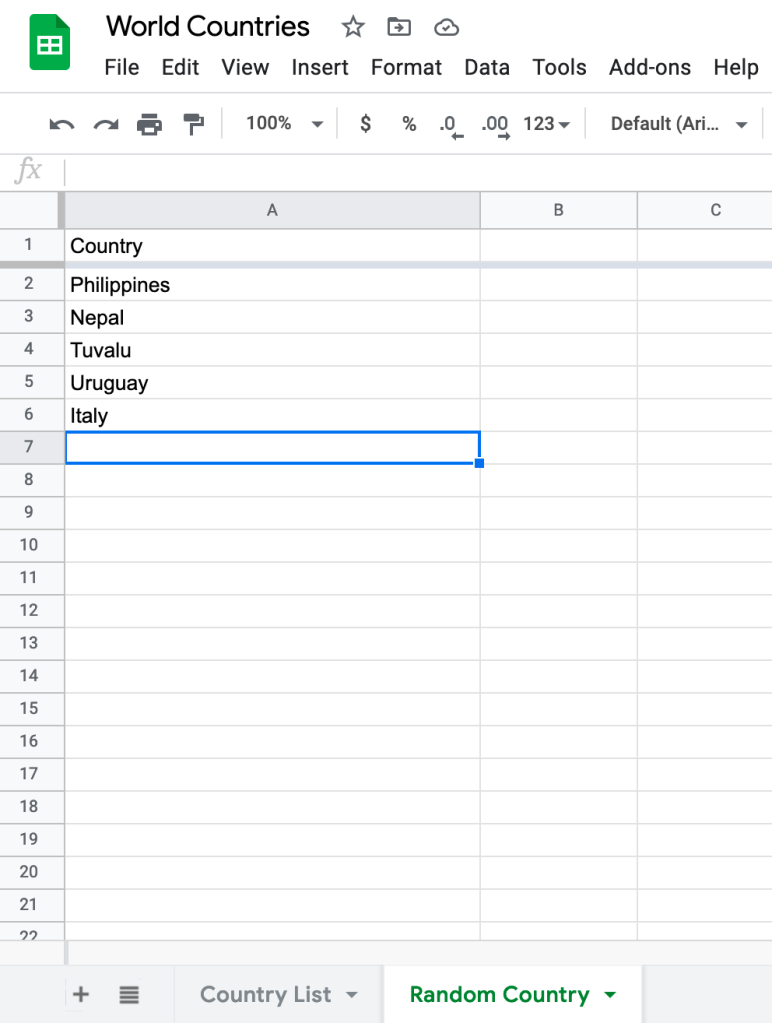 Randomly selected countries