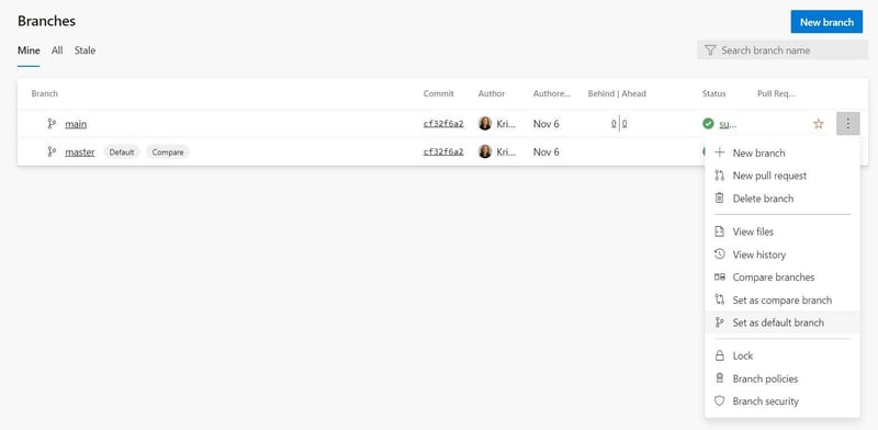 Azure DevOps set main as default