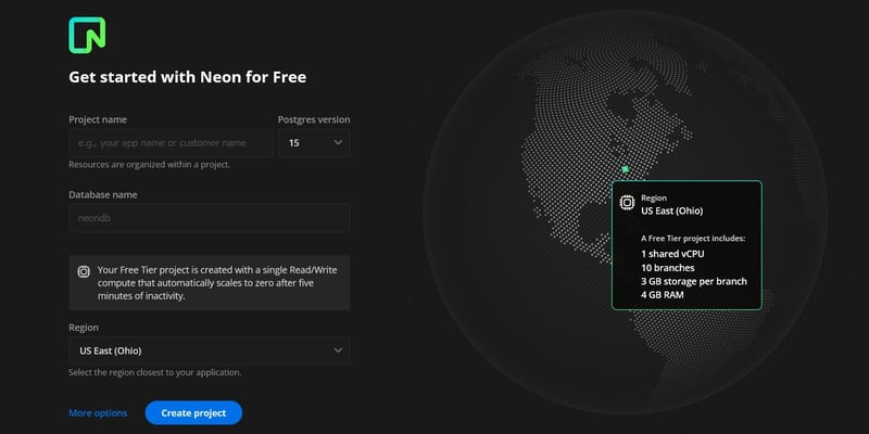 Creating a new project and database on Neon