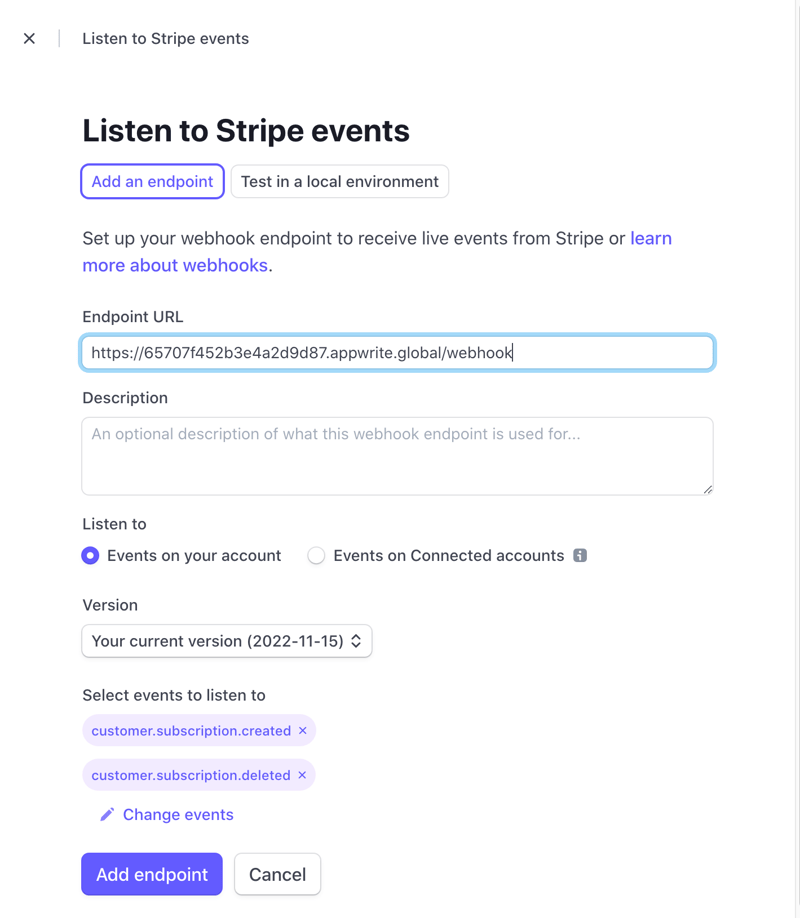 Stripe add webhook page