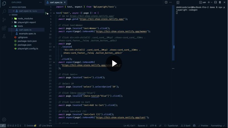 Video showing tests running in vs code