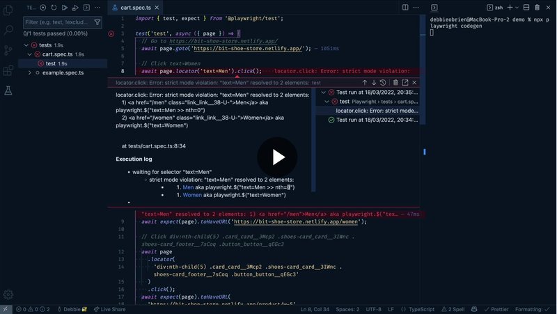 Video showing tests failing in vs code