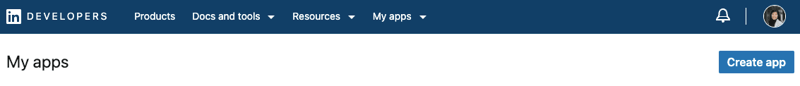 Create App button in LinkedIn Developer dashboard