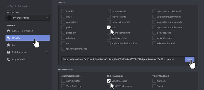 OAuth2 tab of Discord application with bot role and "Send Messages" permission enabled. The cursor is clicking on the "Copy" button to copy the OAuth2 URL.