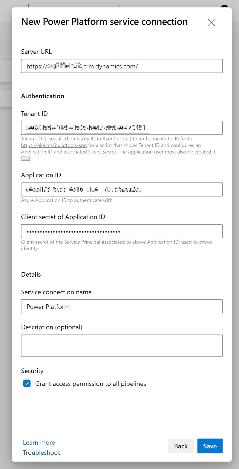 Modal asking for details to create service connection to Power Platform