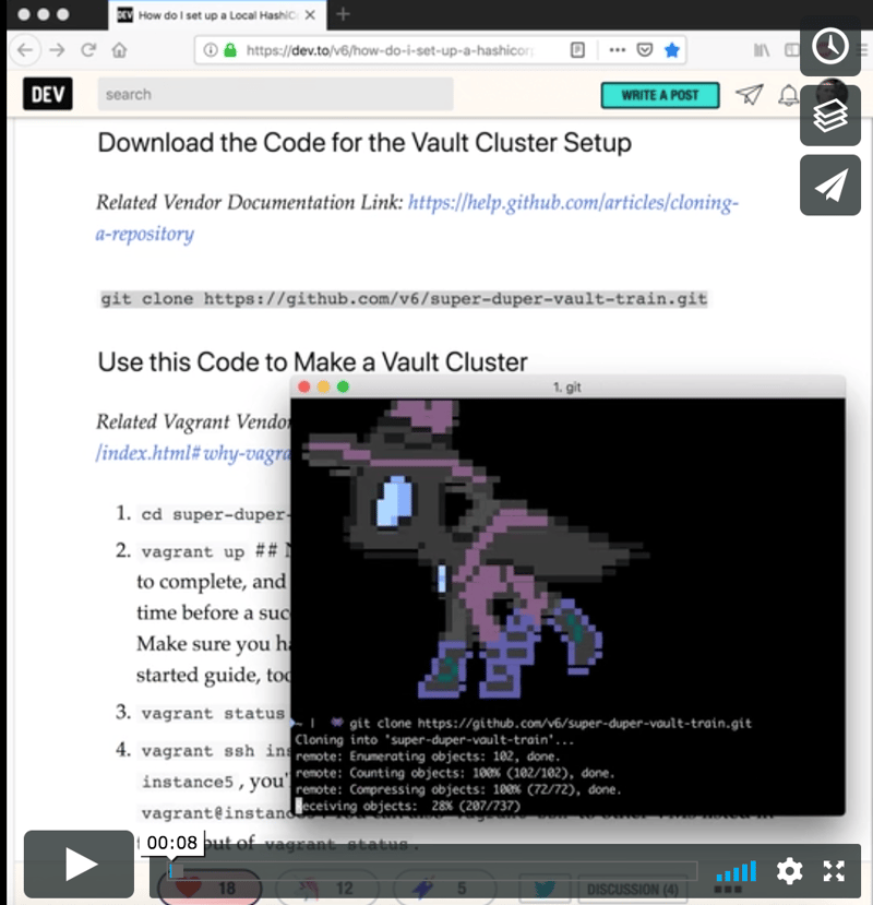 Screencast of the Vagrant setup with 3 VMs. Consul and Vault are installed on each VM. The Consuls are configured to form a cluster, which acts as the Vault backend.