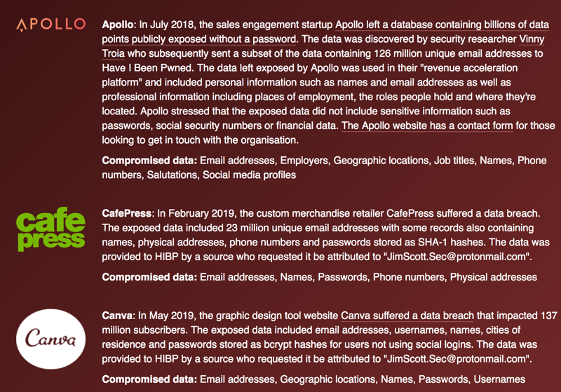 Example output from compromised account on https://haveibeenpwned.com/ with details about Apollo, Cafe Press, and Canva compromised data.