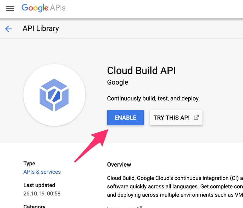 Cloud Build API enabling