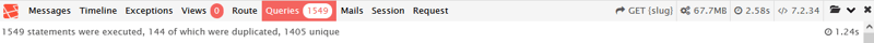 Screenshot of Laravel Debugbar with 1549 database queries