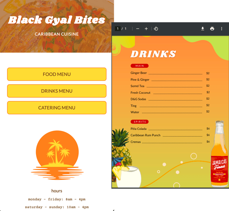 screenshot of website with 3 buttons that read: food menu, drinks menu, and catering menu. on the right of it is a screenshot of the drinks menu