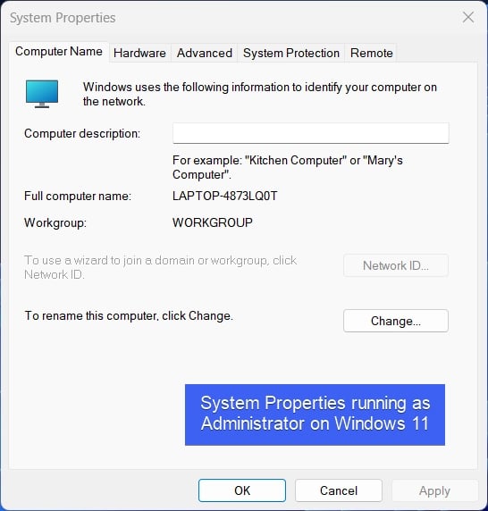 System Properties Running as Administrator on Windows 11