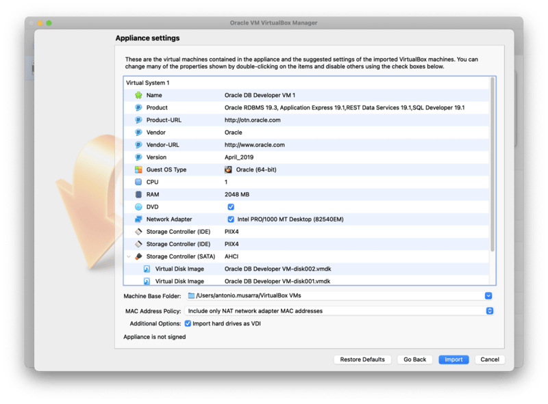 Figure 4 - Second step of Virtual Appliance import: summary of detailed information of the VA and start import