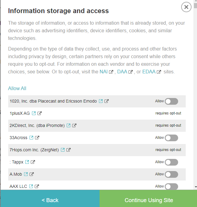 A screen with various toggles to allow or disallow cookies. Some cookies require opt out<br>
