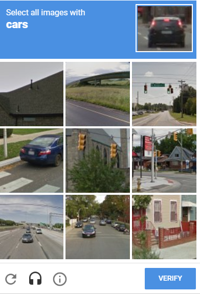 A recaptcha prompt asking the user to select all images with cars.<br>
