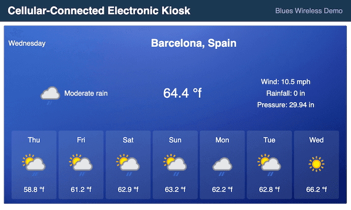 Cellular-connected electronic kiosk demo app showing weather forecast in Barcelona