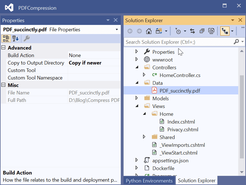 Set Copy to Output Directory to Copy if newer for the data in the Properties section