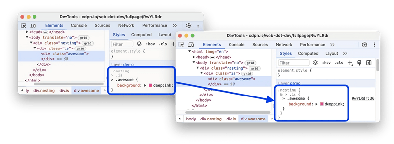 Enhanced CSS Nesting Support in Chrome DevTools